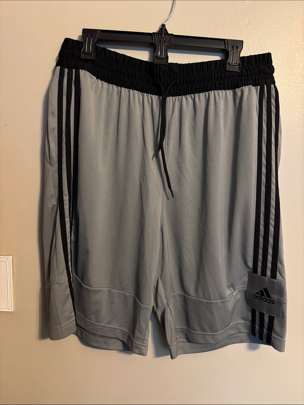 adidas Men’s Gray Athletic Shorts with Black Waistband and Stripes